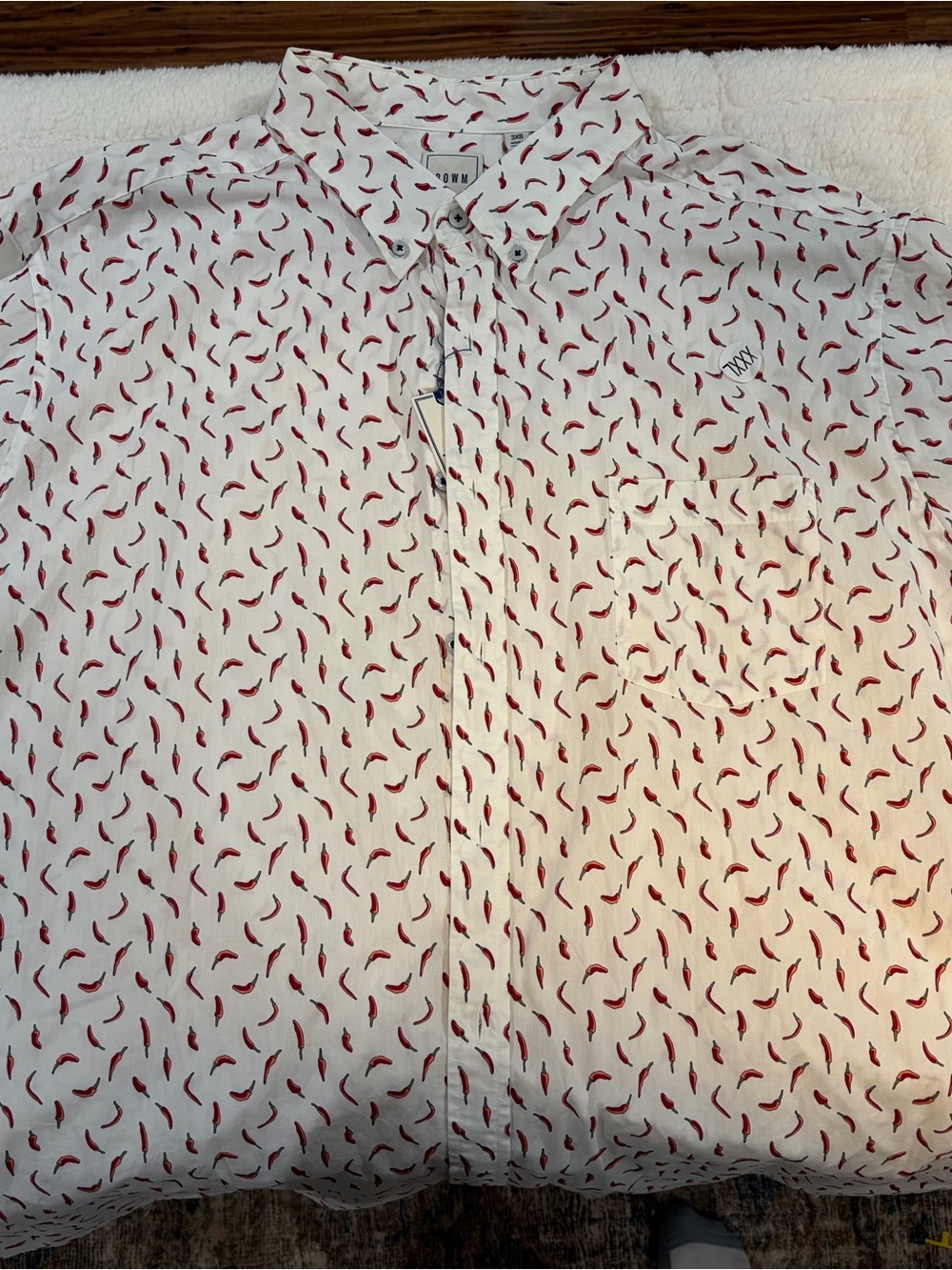 Men's White Button-Down Shirt with Red Chili Pepper Print